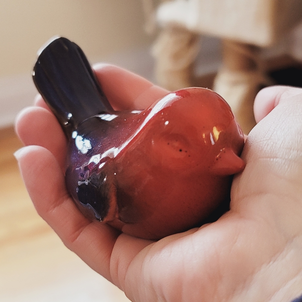 Adorable little unmarked ceramic bird with incredible red and blue glaze